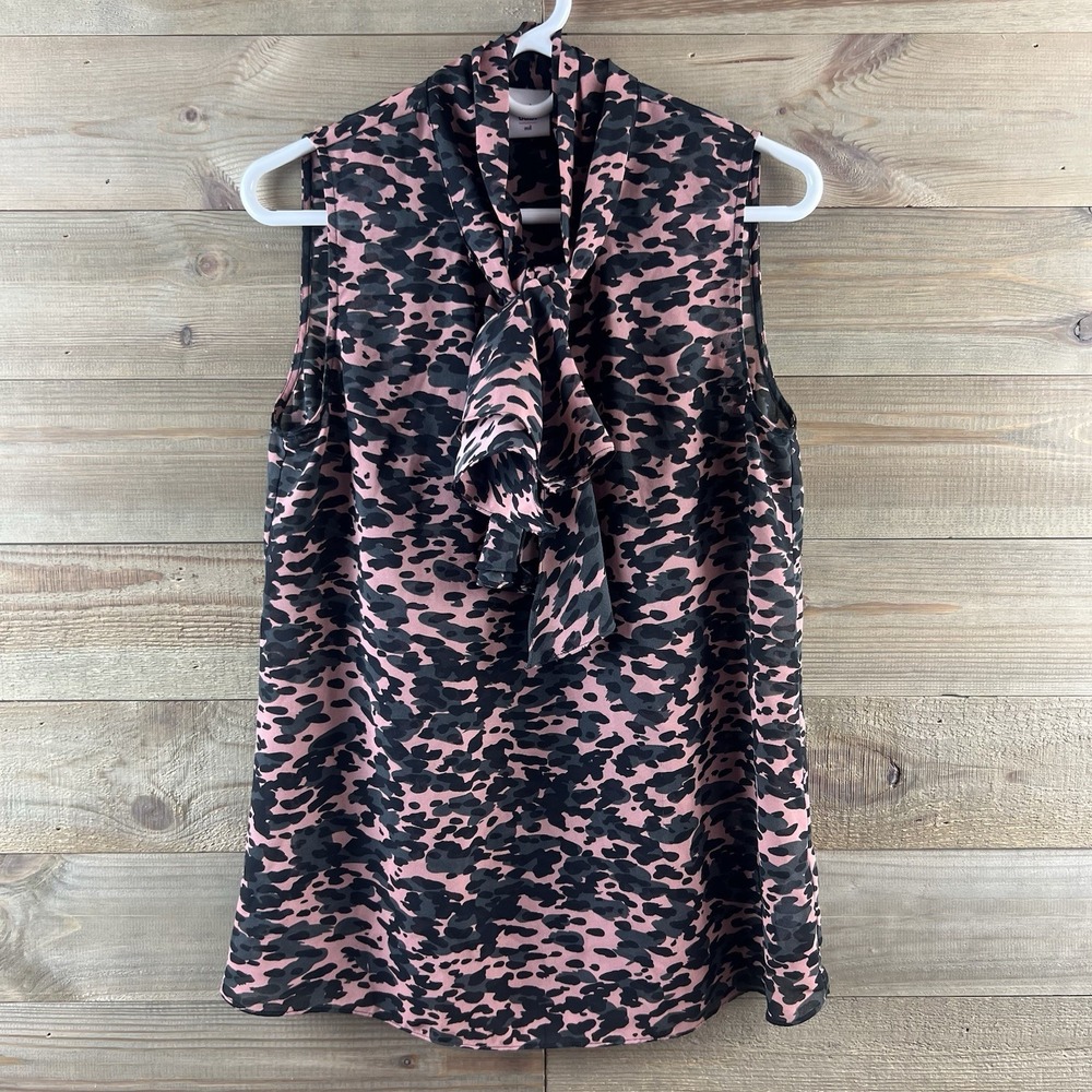 CAbi Womens Blouse 9 to 5 Tie Neck Animal Print Sleeveless 3075 Sheer Medium
